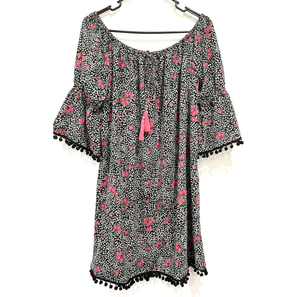 America and Beyond Floral dress Size Large Off Shoulder Black Pink Pom A-line